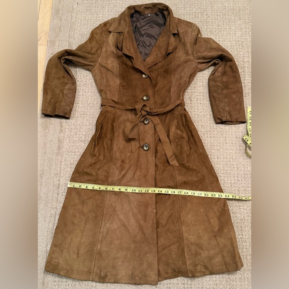 Vintage Brown Suede Leather Trench Coat Belted Long Jacket Size 48 small s - Picture 4 of 13